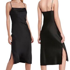 Express Cowl Neck Side Slits Satin Sleeveless Midi Slip Dress in Black Size S